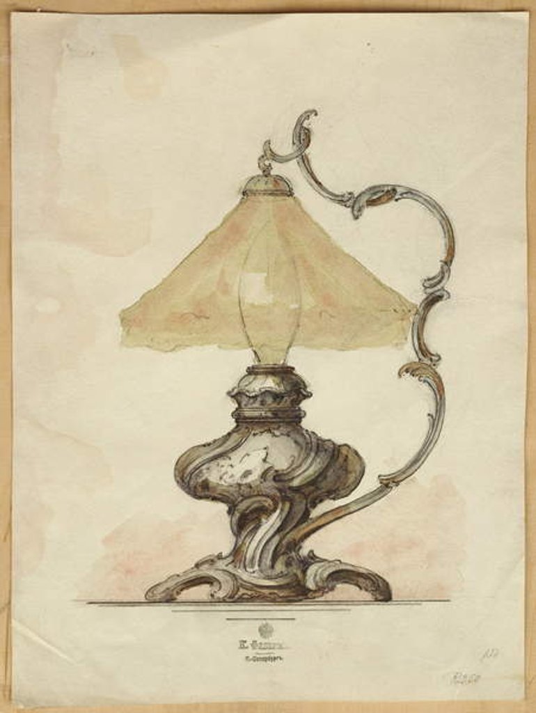 Detail of Drawing of a silver table lamp with a twisted fluted body in rococo style, House of Carl Faberge by Carl (firm of) Fabergé