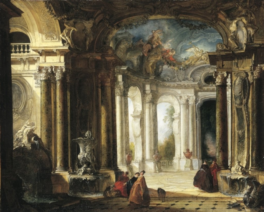 Detail of The interior of a Baroque palace with elegant company conversing by fountains by Jacques de Lajoue