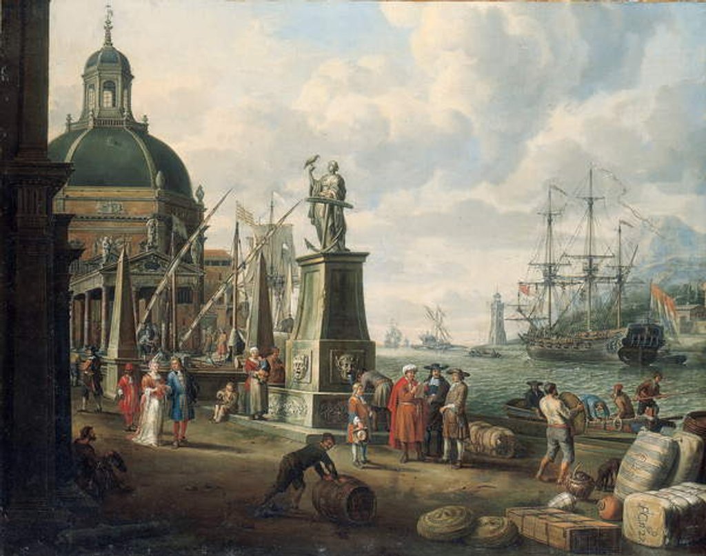 Detail of A capriccio of a Mediterranean harbour with merchants, an elegant couple on the quayside, before a statue of Hope and a baroque church, a lighthouse, a Dutch man-o-war, and other shipping beyond, 1700 by Adriaen Verdoel