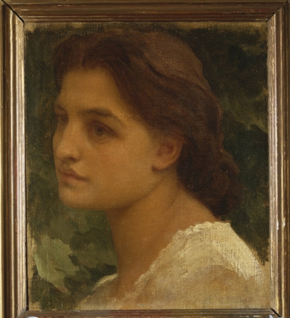 Detail of Portrait of a young lady, small bust length, wearing a white dress by Frederic Leighton
