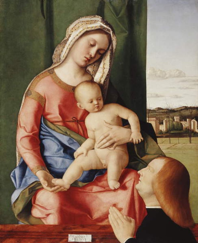 Detail of The Madonna and Child with a Male Donor, a landscape beyond by Giovanni Bellini