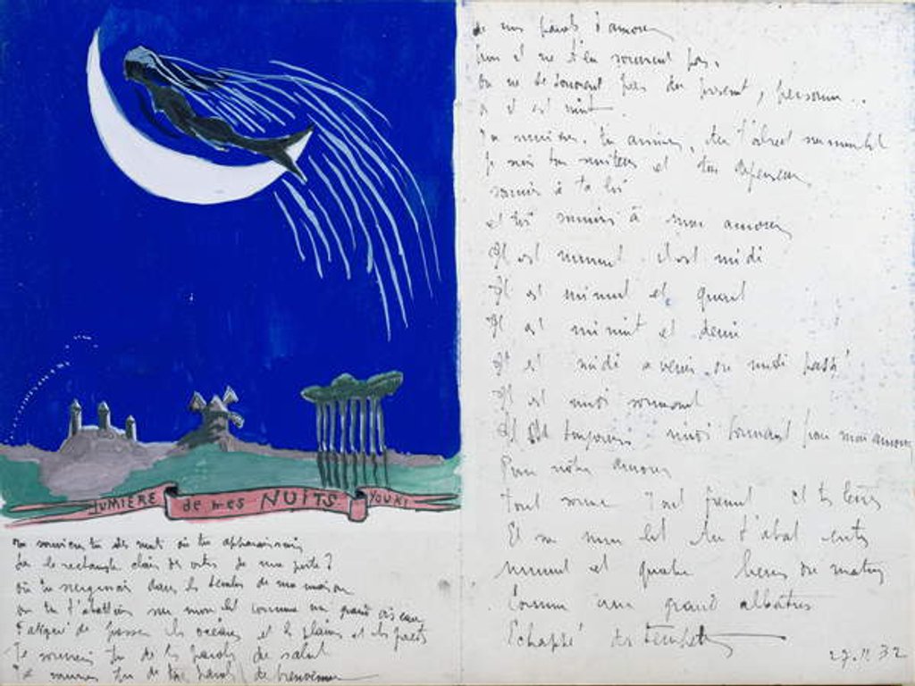 Detail of Light of my Nights, illustrated handwritten poem, 27th November 1932 by Robert Desnos