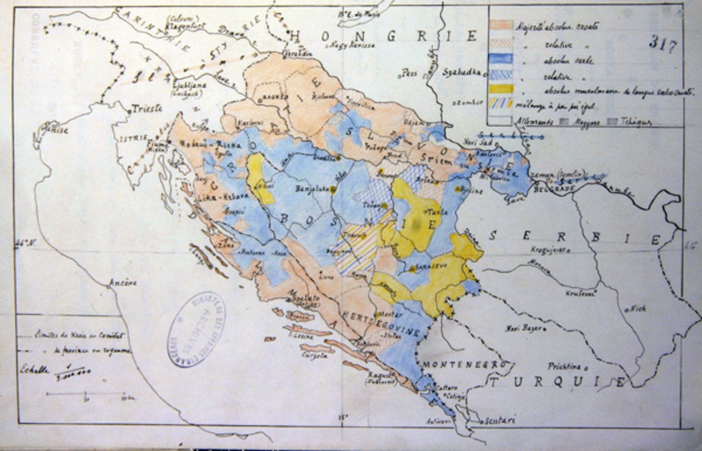 Detail of Map of Bosnia with details of the areas occupied by minority ethnic groups, 1910 by French School