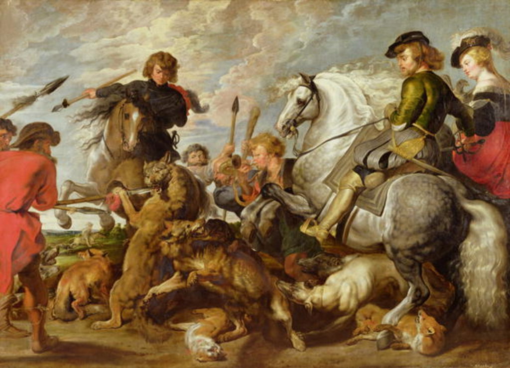 Detail of Rubens his Second Wife and Son in a Wolf and Foxhunt by Peter Paul Rubens
