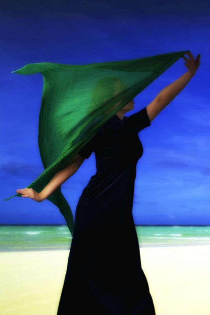 Detail of Woman on the beach with green scarf by Ricardo Demurez