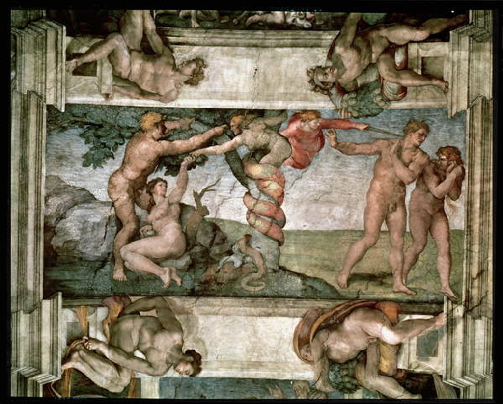 Detail of Sistine Chapel Ceiling: The Fall of Man and the Expulsion from the Garden of Eden, with four Ignudi, 1510 by Michelangelo Buonarroti