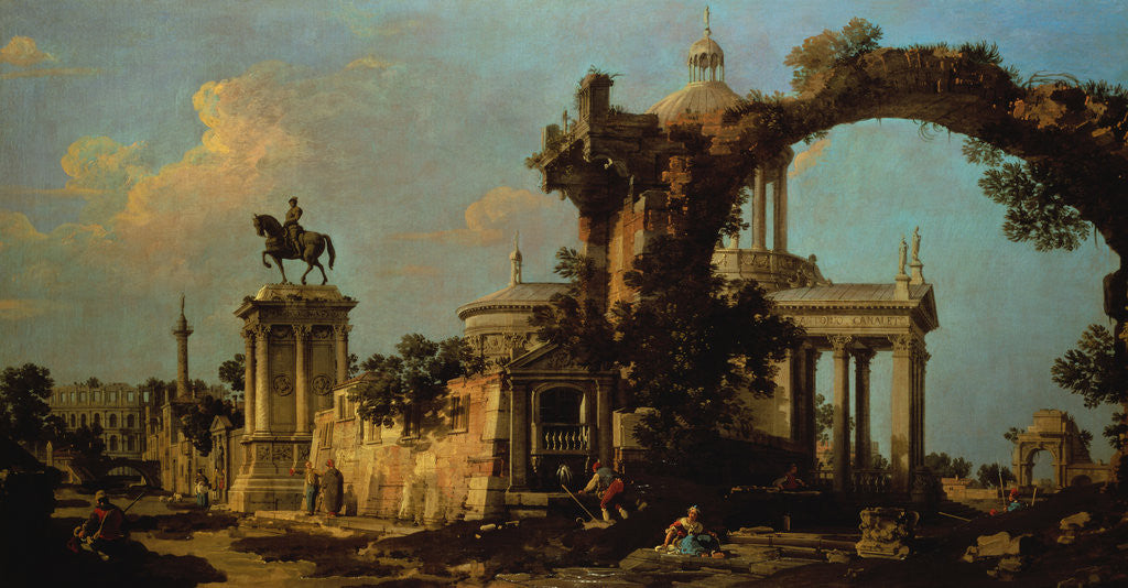 Detail of Painting of a Capriccio of Roman Ruins with a Renaissance Church, the Colleoni Monument and Peasants by Canaletto