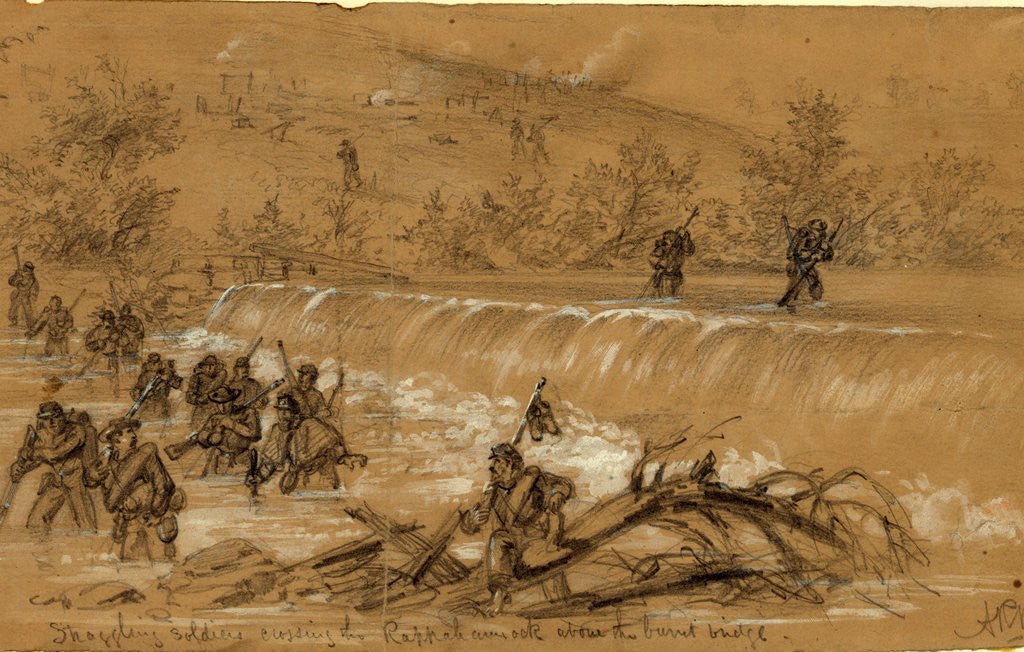 Detail of Straggling soldiers crossing the Rappahannock above the burnt bridge, 1863 October by Alfred R Waud
