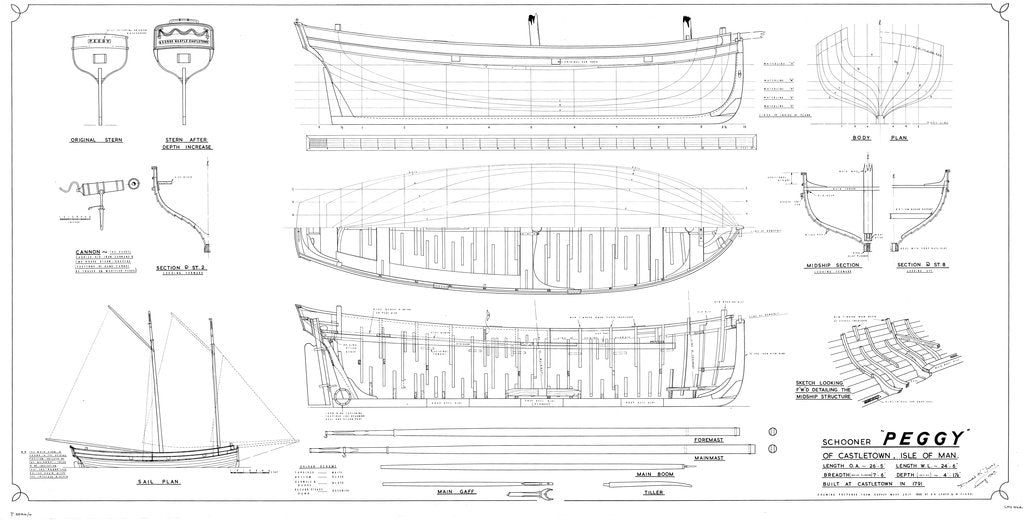 Detail of Drawing of the schooner 'Peggy' of Castletown, Isle of Man by Donald K. Jones
