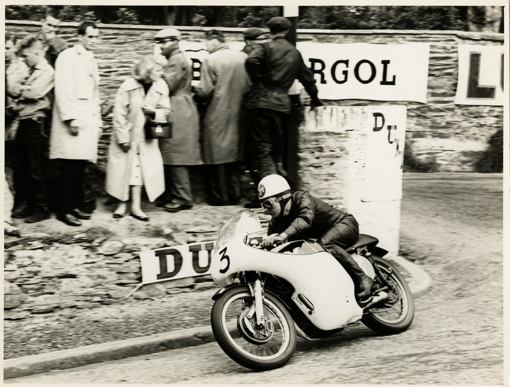 Detail of Jack Wood, TT (Tourist Trophy) rider rounding Governor's bend as number 3 by T.M. Badger