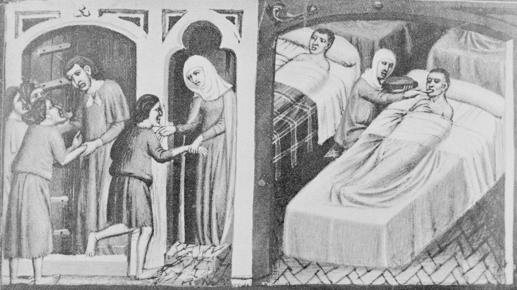 Detail of 13th-Century Painting of Monks and Nuns Welcoming Travelers and Caring for the Sick by Corbis