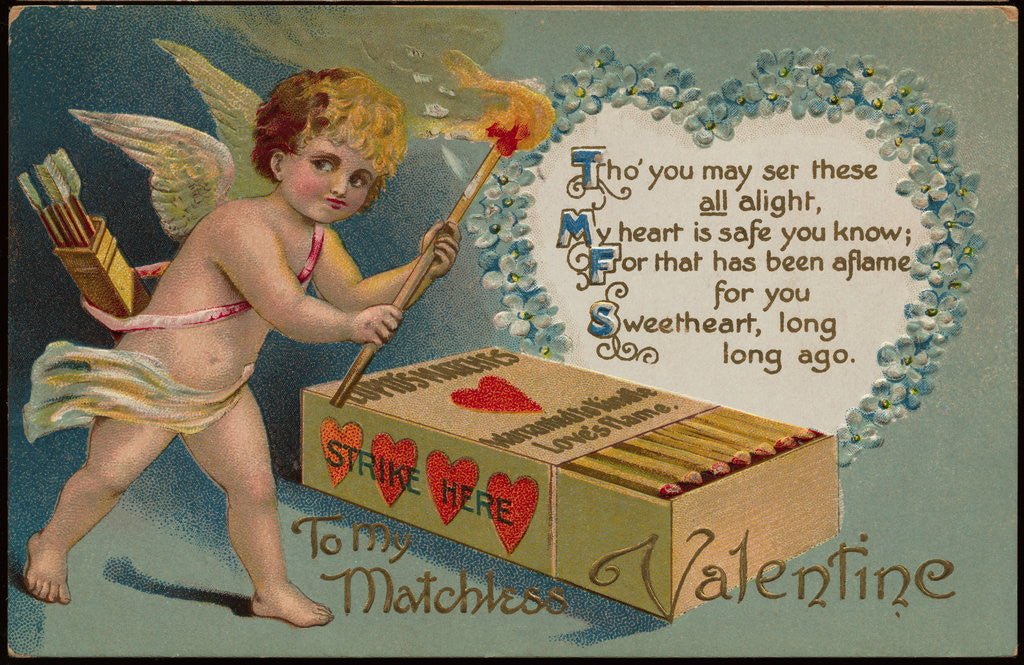 Detail of Valentine's Day Postcard with Cupid and Matches by Corbis