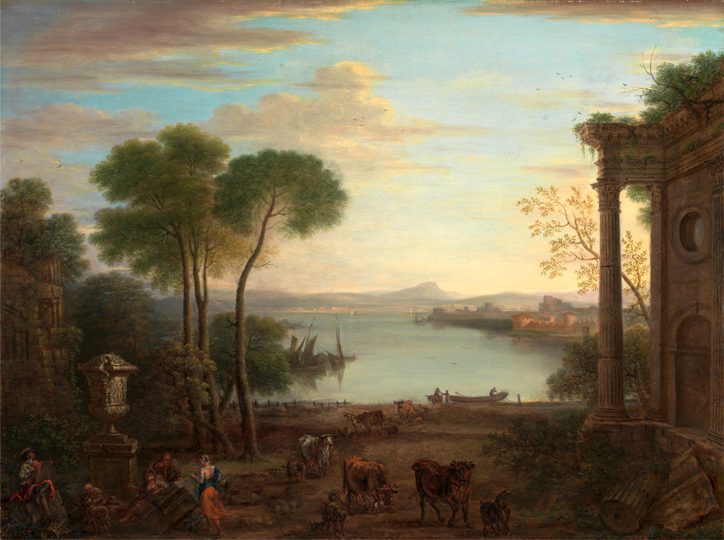 Detail of Classical Landscape Classical Landscape with Figures and Animals: Dawn by John Wootton