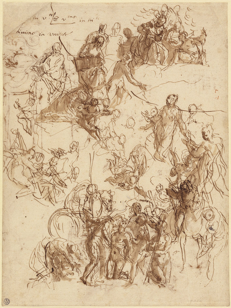 Detail of Sheet of Studies for The Martyrdom of Saint George (recto), Studies of a House, Tree, Heads, Artist's Tools, Decorative Motifs, and Computations (verso) by Paolo Veronese