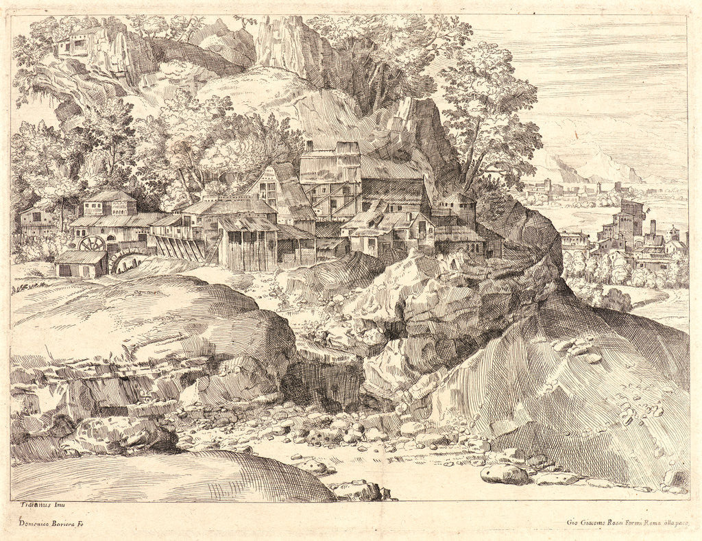 Detail of Dominique Barrière (French, 1610-1678) after Titian (Italian (Venetian), ca. 1488-1576). Village with Mill at the Foot of the Alps, 17th century by Dominique Barrière