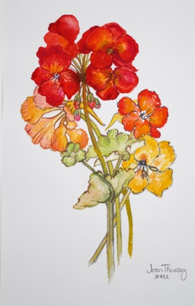 Detail of Geranium and Nasturtiums,2014,watercolour by Joan Thewsey