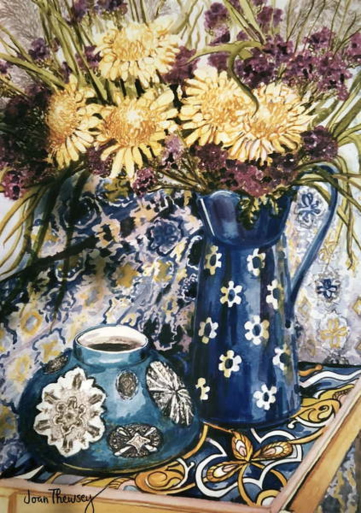 Detail of Blue against Blue - Chrysanthemums and Blue Enamel Jug on an Italian Tile by Joan Thewsey