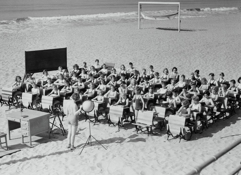 Detail of Children Having Class on the Beach by Corbis