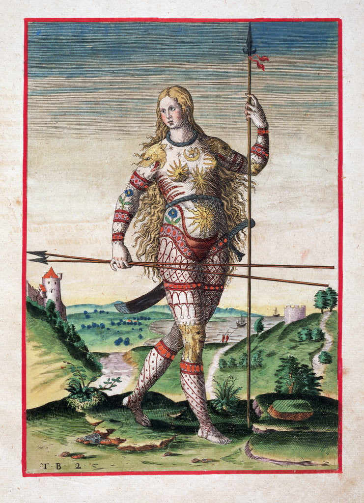 Detail of Hand-Colored Engraving of a Pictish Woman by Theodor de Bry