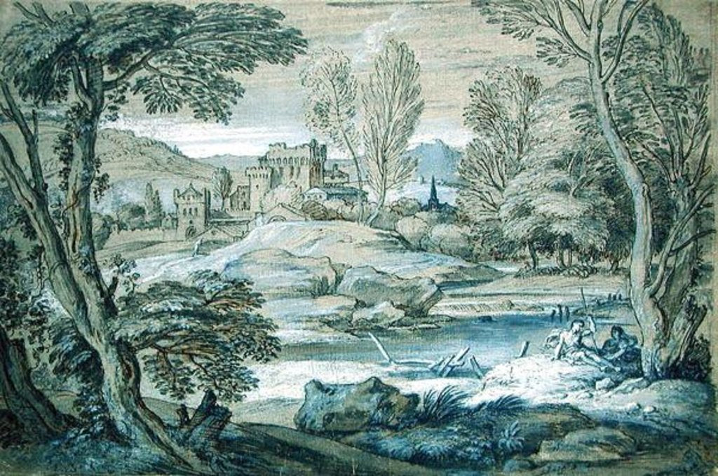 Detail of Classical landscape by Adrian van der Cabel