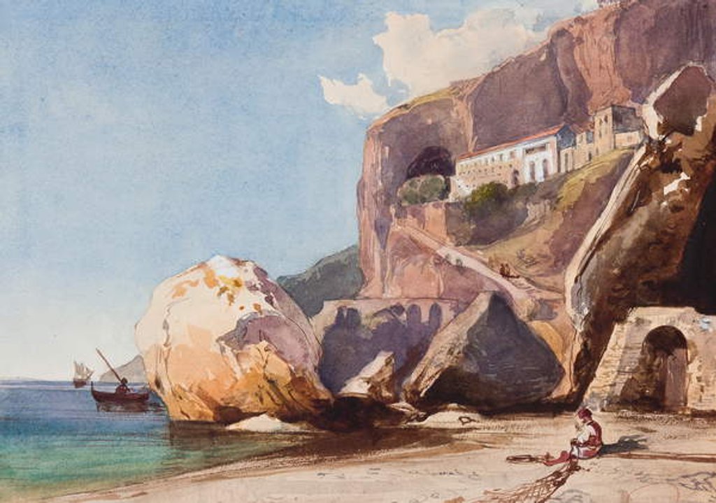 Detail of The Capuchin Monastery at Amalfi from the beach, with additions by Prince Alfonso Maria di Borbone by Giacinto Gigante