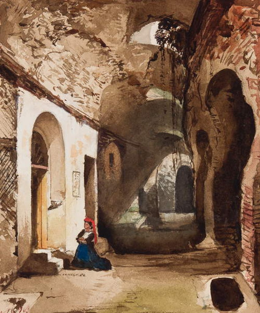 Detail of Woman praying at vaulted shrine in the amphitheatre of Pozzuoli, with additions by Princess Maria Annunziata di Borbone by Giacinto Gigante