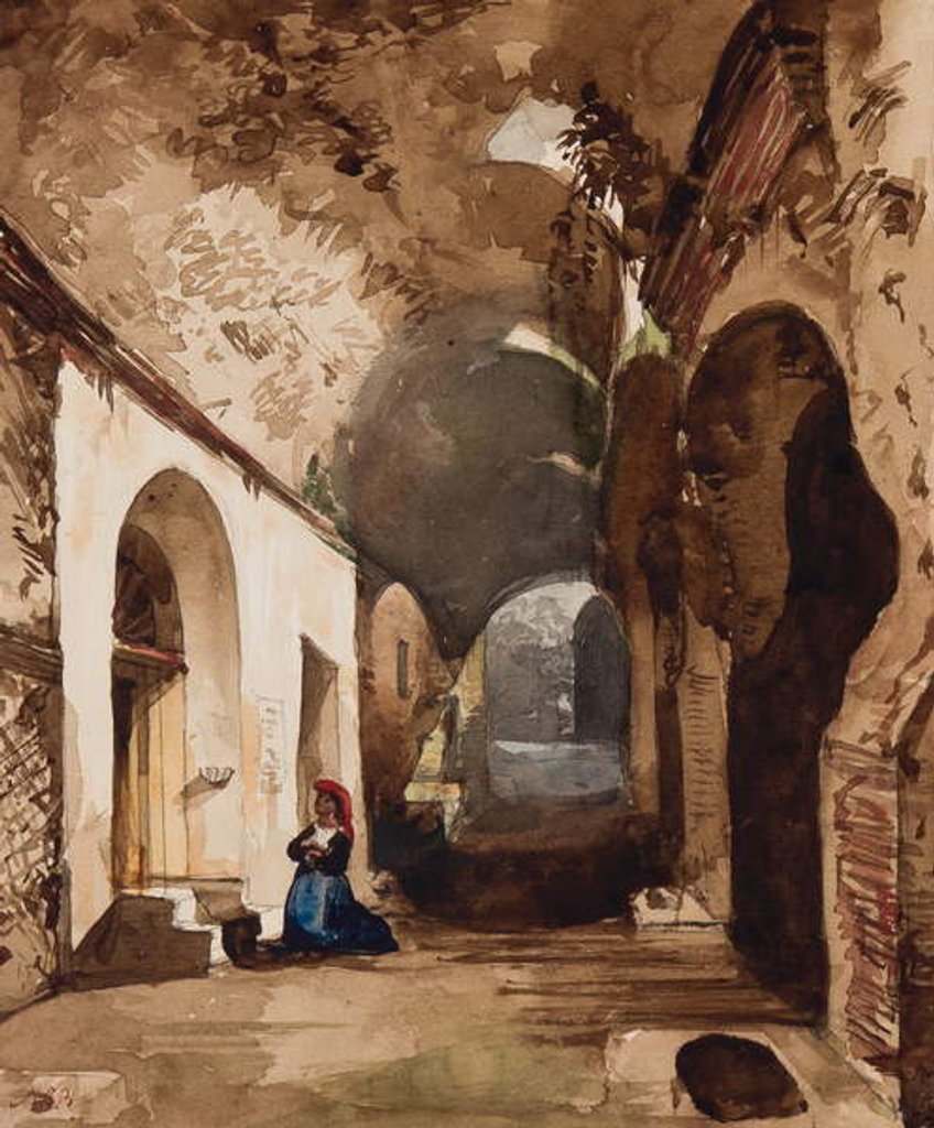 Detail of Woman praying at vaulted shrine in the amphitheatre of Pozzuoli, with additions by Princess Maria Annunziata di Borbone by Giacinto Gigante