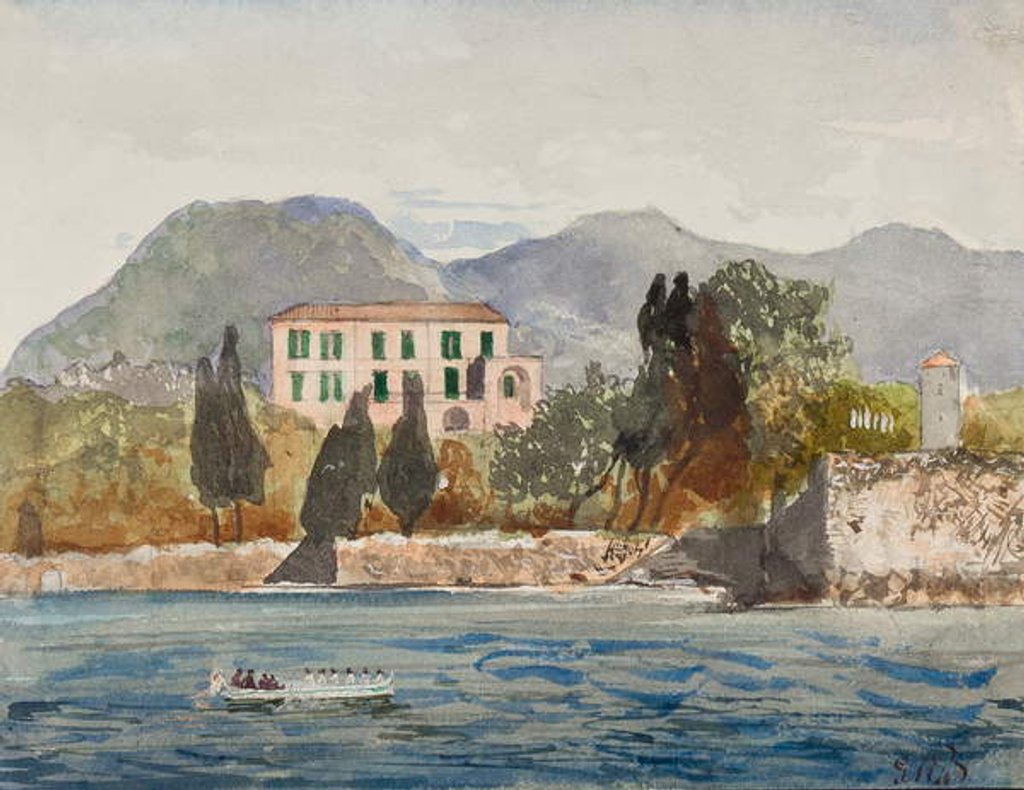 Detail of Rowing barge with the Borbone flag approaching a large house on the Neapolitan coast, with additions by Prince Gaetano Maria Federico di Borbone by Giacinto Gigante