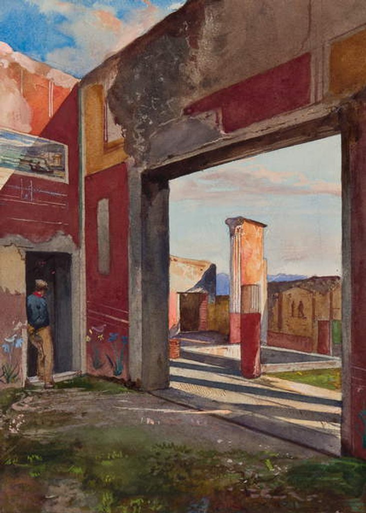 Detail of The House of Castor and Pollux in Pompeii with an official guide, with additions by a Borbone pupil by Giacinto Gigante