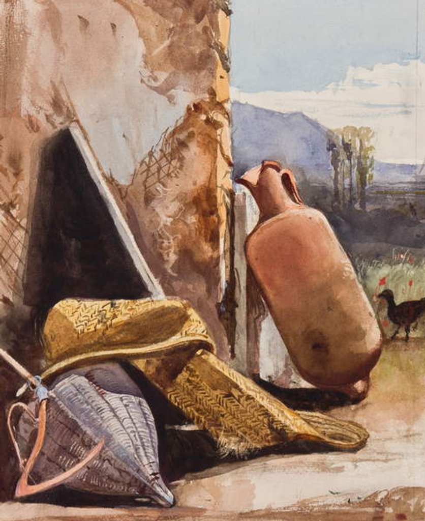 Detail of Baskets and amphora with bird, with additions by a Borbone pupil by Giacinto Gigante