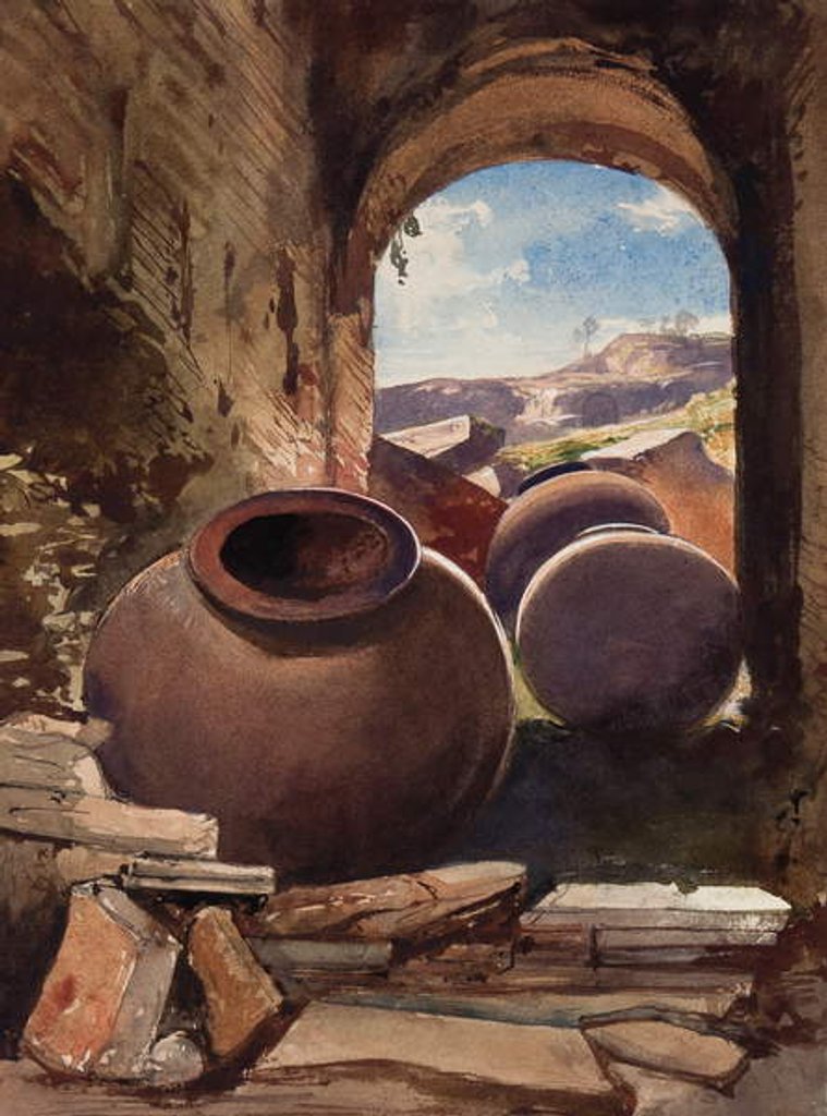 Detail of Amphorae in a ruin, with additions by a Borbone pupil by Giacinto Gigante