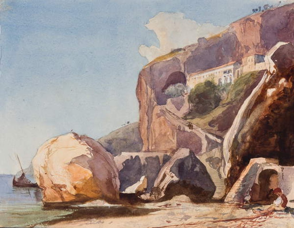 Detail of The Capuchin Monastery at Amalfi from the beach, with additions by a Borbone pupil by Giacinto Gigante