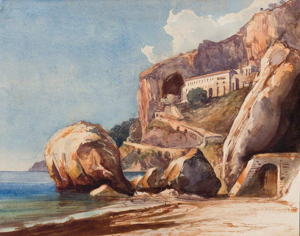 Detail of The Capuchin Monastery at Amalfi from the beach, with additions by a Borbone pupil by Giacinto Gigante