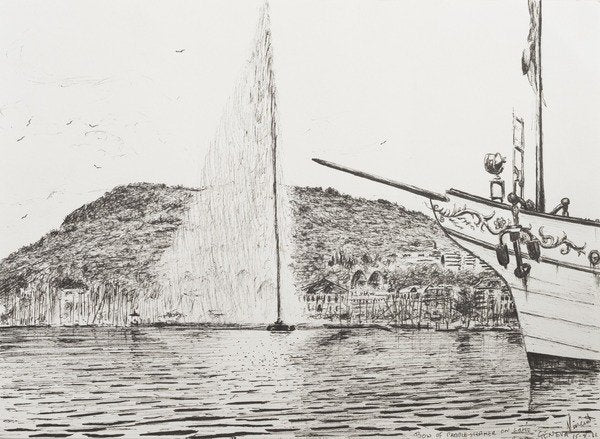 Detail of Geneva fountain and bow of pleasure cruiser, 2011, by Vincent Alexander Booth