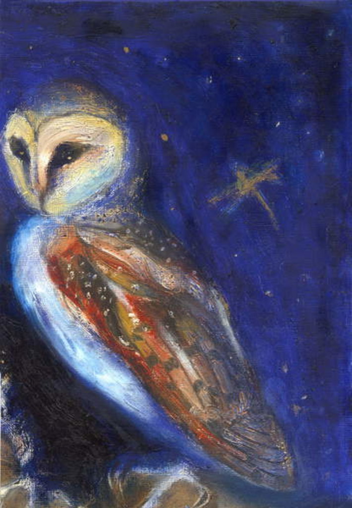 Detail of The Owl and the Gold Leaf Dragonfly, 2013 by Nancy Moniz Charalambous