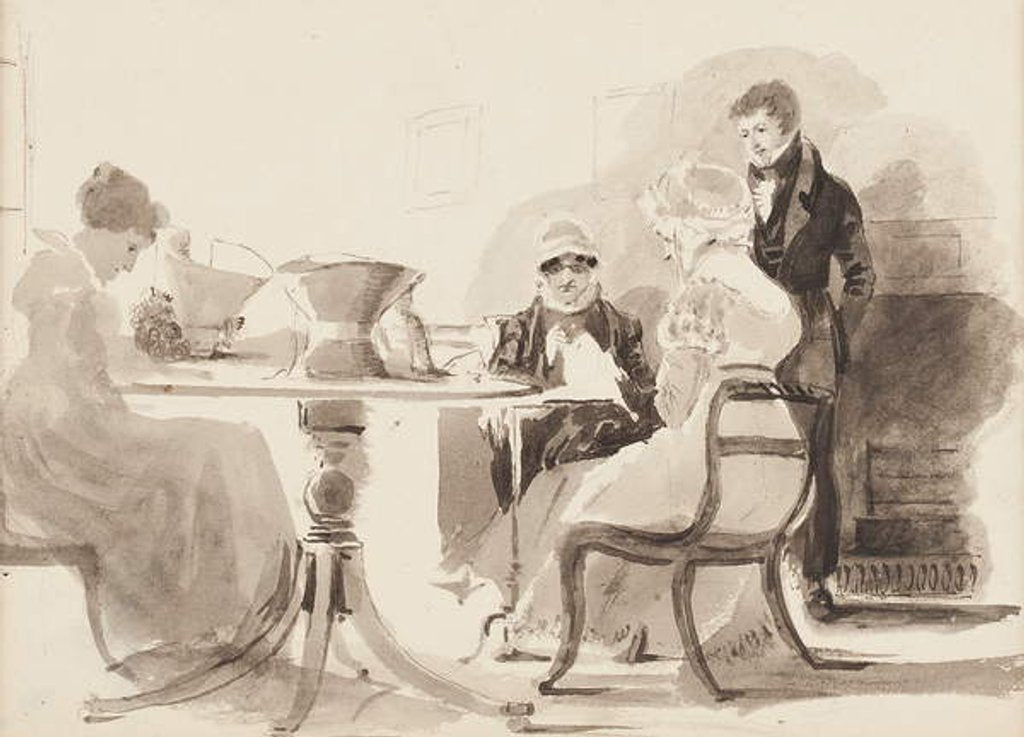 Detail of Man standing at a table with three seated women by John Harden