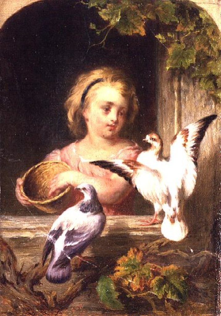 Detail of Girl Feeding Pigeons by English School
