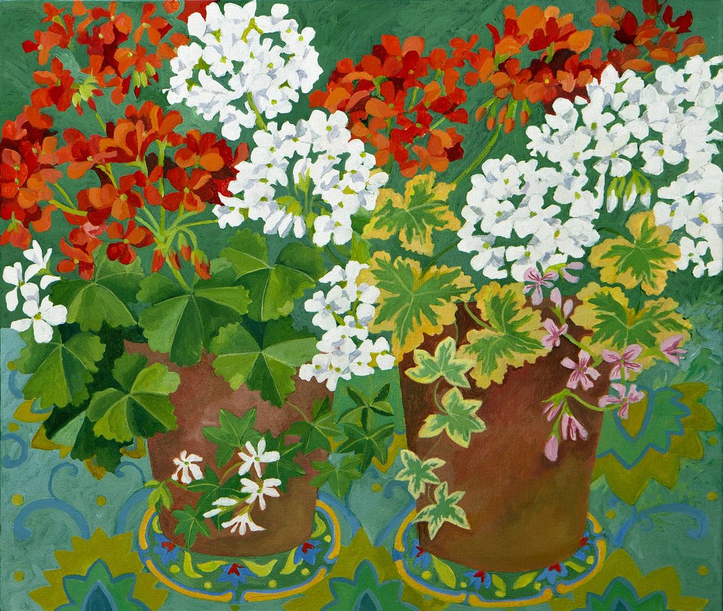 Detail of Red and white geraniums in pots, 2013 by Jennifer Abbott