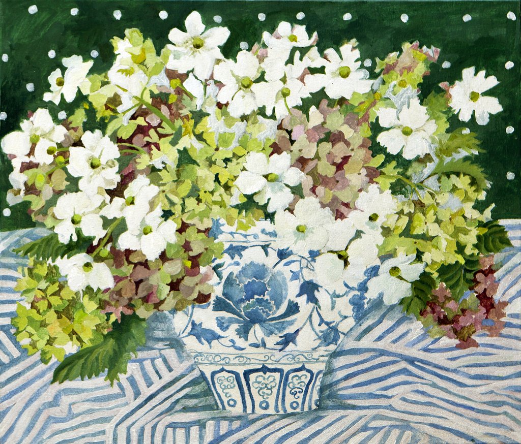 Detail of Cosmos and hydrangeas in a chinese vase, 2013 by Jennifer Abbott
