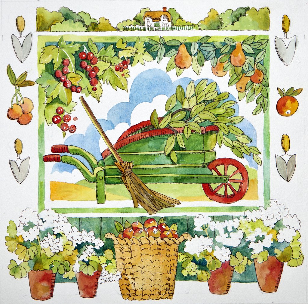 Detail of Wheelbarrow - garden surround, 2012 watercolour by Jennifer Abbott