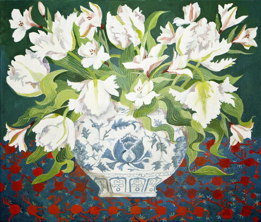 Detail of White double tulips and alstroemerias, 2013 by Jennifer Abbott