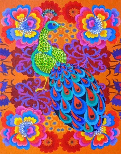 Detail of Peacock with flowers, 2015 by Jane Tattersfield