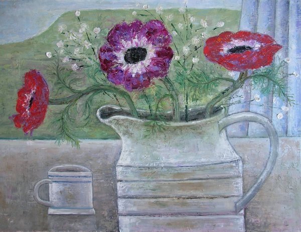 Detail of Anemones in White Jug by Ruth Addinall