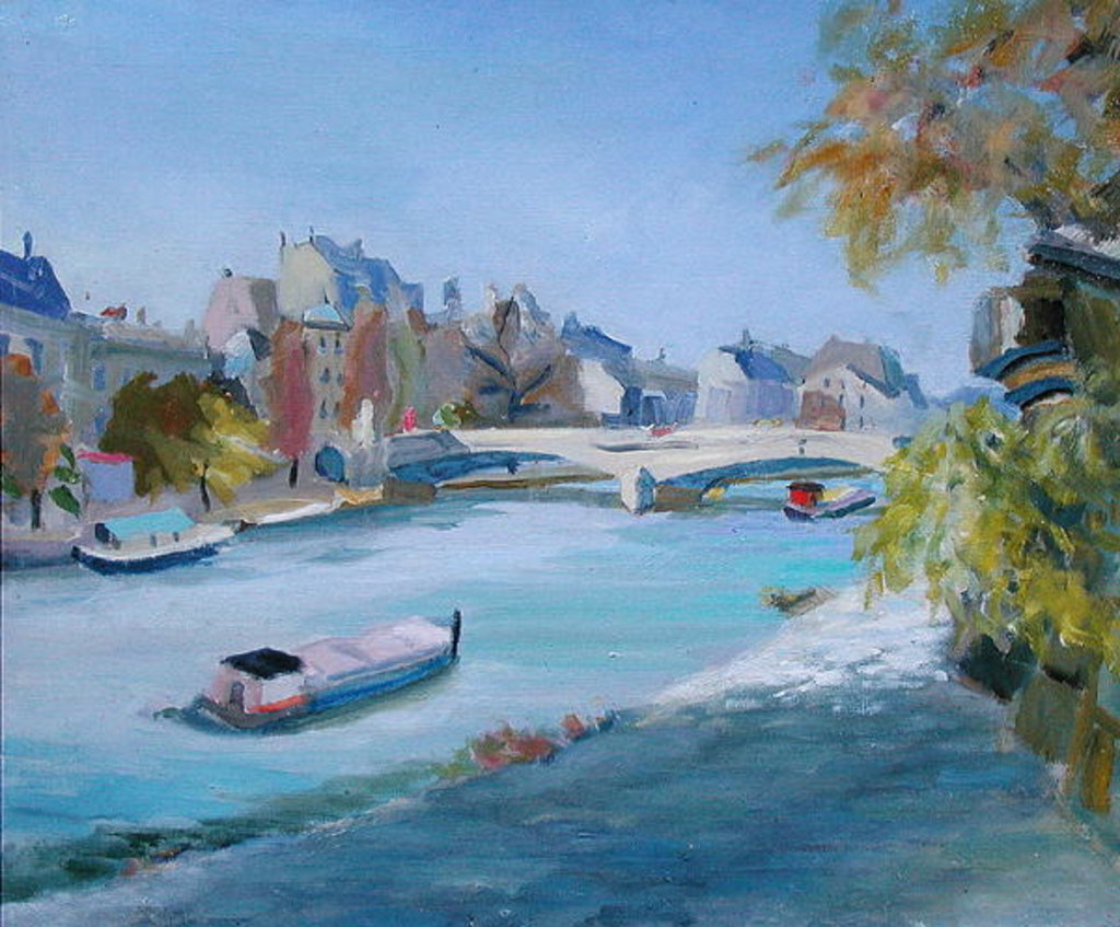 Detail of Barge sailing down the river Seine in Paris by Anne Durham