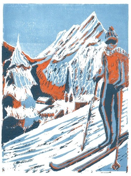 Detail of Ski, 2015, linoprint by Charlotte Orr
