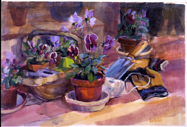 Detail of Potting up the pansies, 1996 by Sue Wales