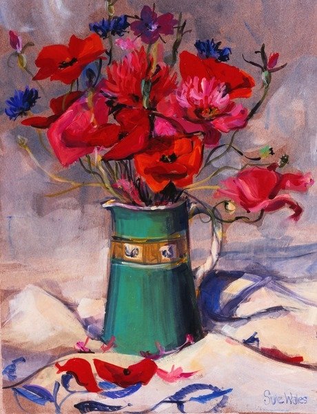 Detail of Poppies & cornflowers in green jug, 1994 by Sue Wales