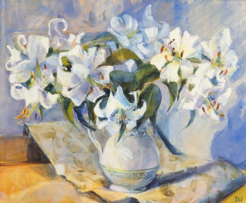 Detail of Lilies in white jug, 2000 by Sue Wales