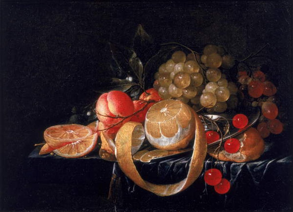 Detail of A Still Life with a lemon, grapes, cherries and apricots on a pewter plate by Cornelis de Heem