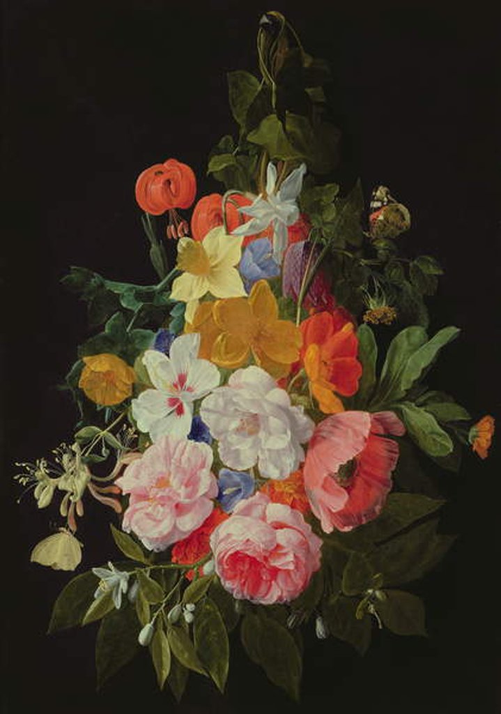 Detail of A Swag of Roses and other Flowers Hanging from a Nail by Nicholaes van Verendael